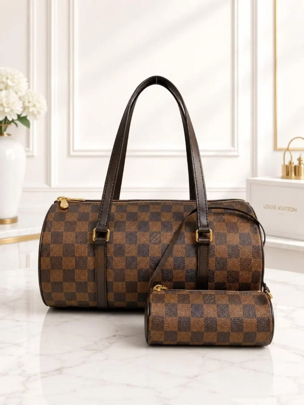Authentic Louis Vuitton Papillon 30 Damier Ebene Handbag w/ Mini Pouch Vintage